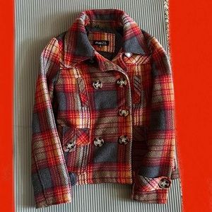 Vintage Rue21 plaid jacket coat in size S! Color is red, orange, and gray!